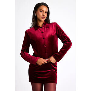 Lulus Bettany Dark Red Velvet Button-front Collared Jacket and mini skirt